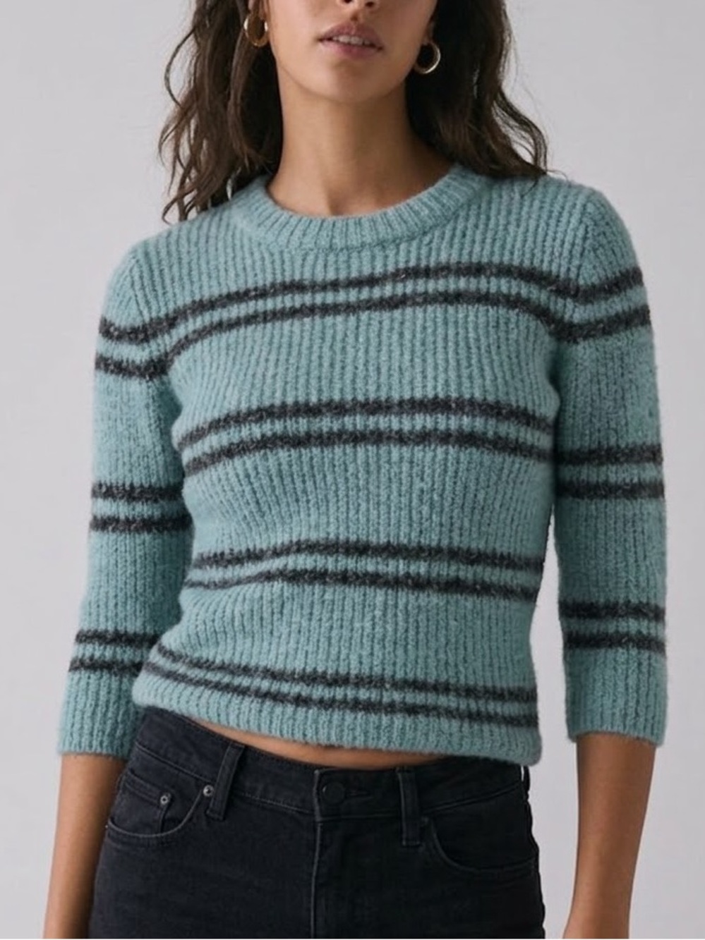 Free People Striped Wool Blend Sweater Size Small Aqua 3/4 Sleeve Cozy Crewneck